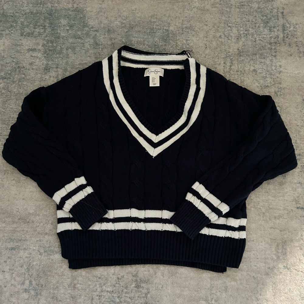 Navy and White V-Neck Sweater